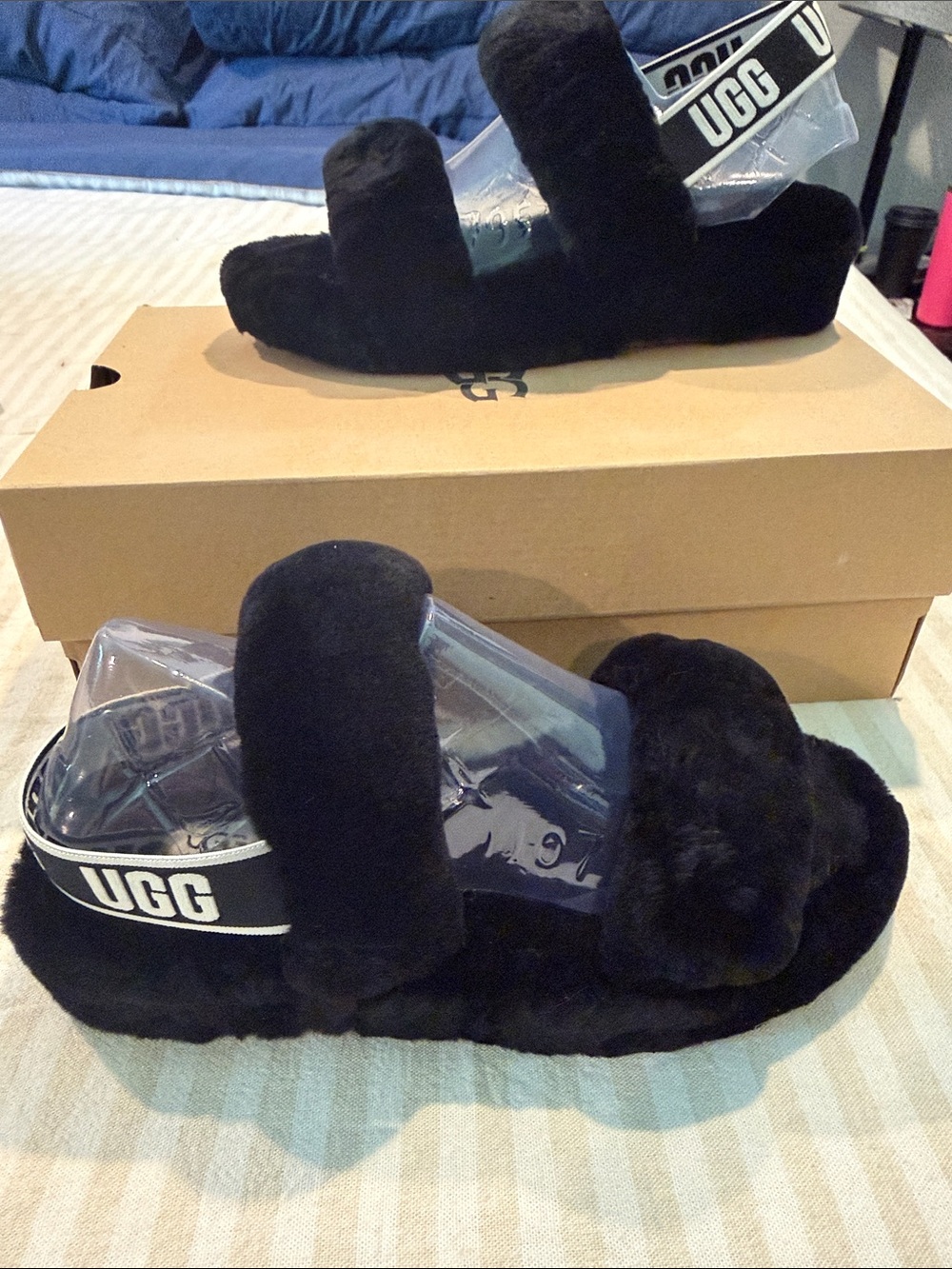 UGG Black Plush Double-Band Slide Sandals